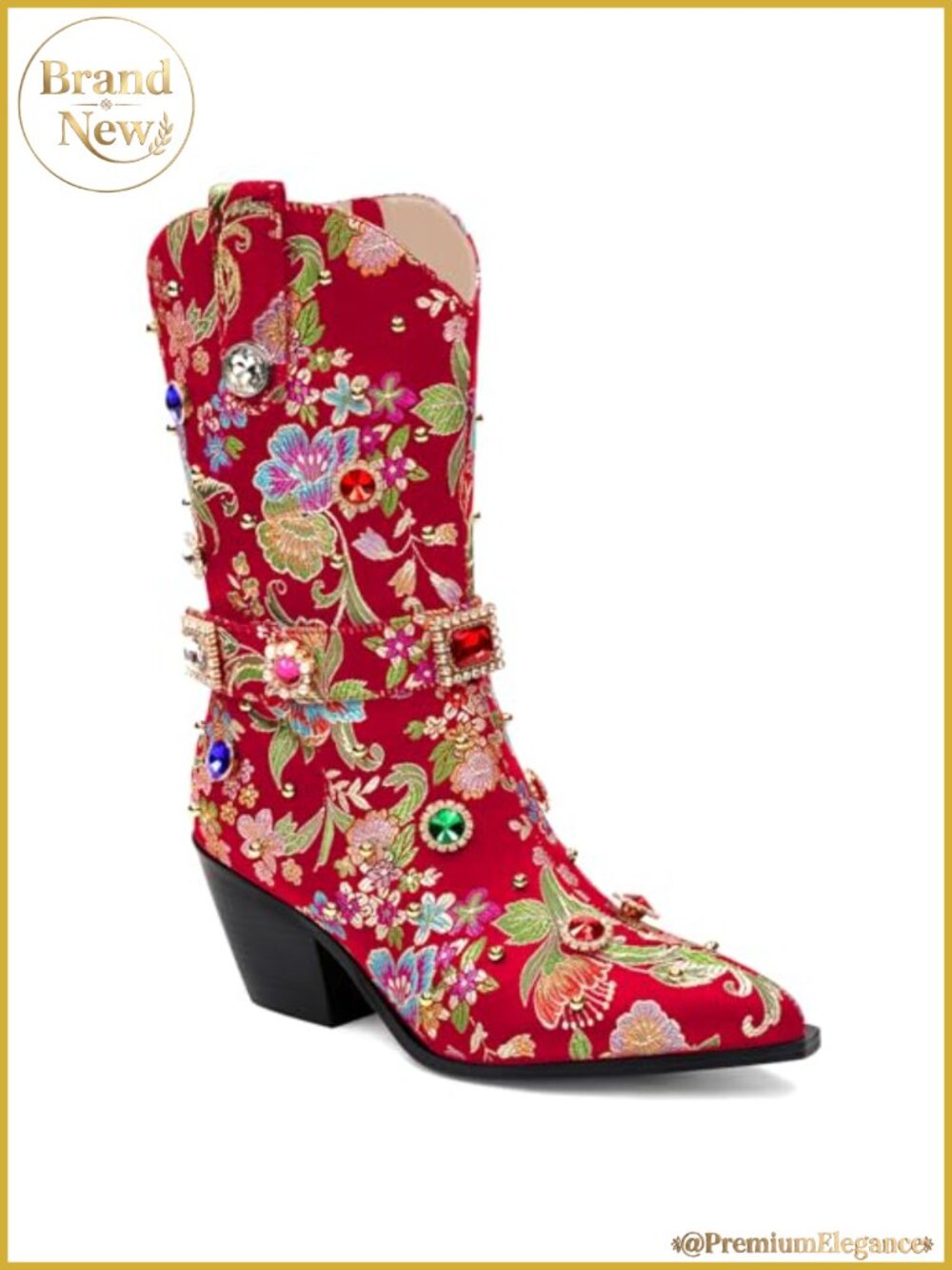 Rhinestone Western Cowgirl Mid Calf Booties Floral Embroidered Pointed Toe